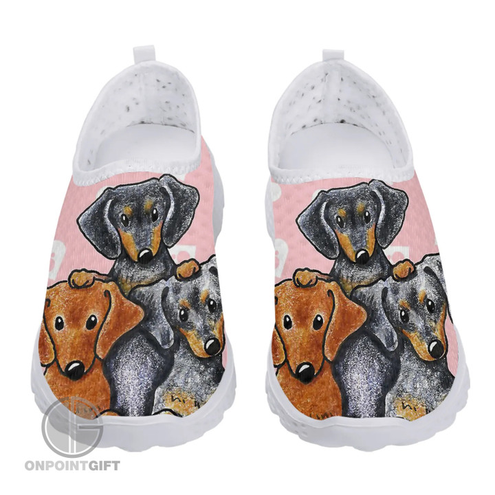 Elevate your fashion game with our Cartoon Dachshund Print Pink Heart Loafers & Sneakers. These lightweight, breathable mesh shoes are not only stylish but also incredibly comfortable. The Dachshund print and adorable pink heart design add a touch of whimsy to your footwear collection. Enjoy the perfect blend of fashion and comfort with these soft, casual sneakers and loafers.