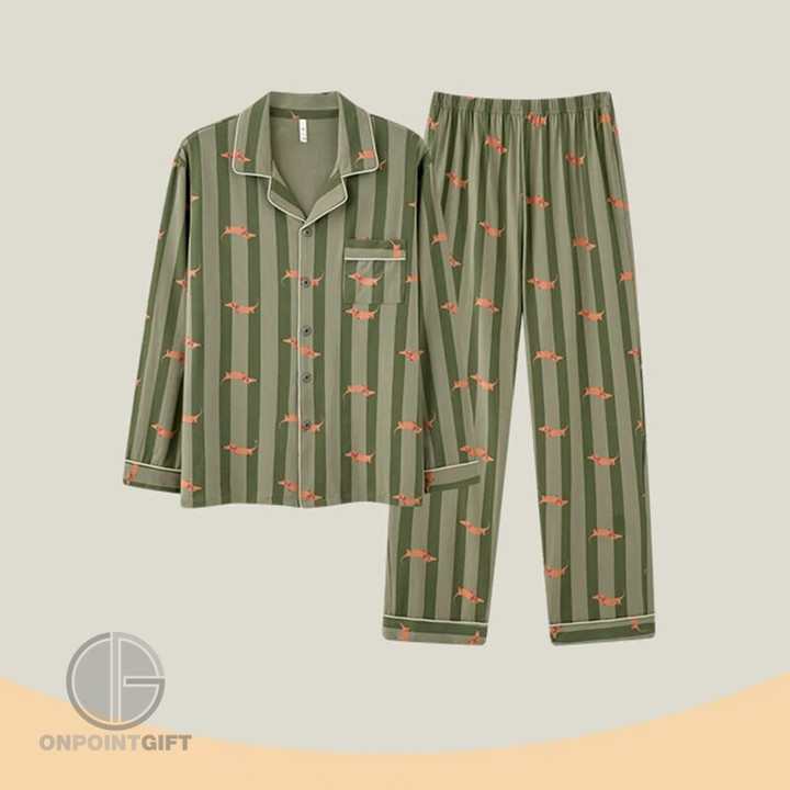Experience ultimate comfort and style with our Fall Winter 2023 Dachshund Print Cotton Pajama Set for both women and men. This delightful two-piece ensemble features long sleeve tops and full-length pants with an elastic waist, ensuring a cozy and relaxed fit. Stay warm, fashionable, and snuggle up in these charming pajamas during the colder seasons. Perfect for couples or as individual sleepwear, these sets make for a great addition to your winter wardrobe.