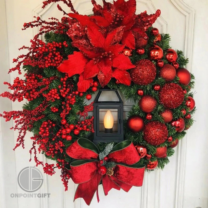 Elevate your Navidad (Christmas) celebration with our festive Christmas wreath featuring a lamp, bow, and vibrant red flowers. This beautifully crafted wreath is the perfect addition to adorn your wall, door, window, fireplace, staircase, balcony, or garden, creating a warm and inviting atmosphere for your holiday party. Illuminate your space with its charming lamp and showcase your holiday spirit in style. Welcome the season with this stunning Navidad decor centerpiece.