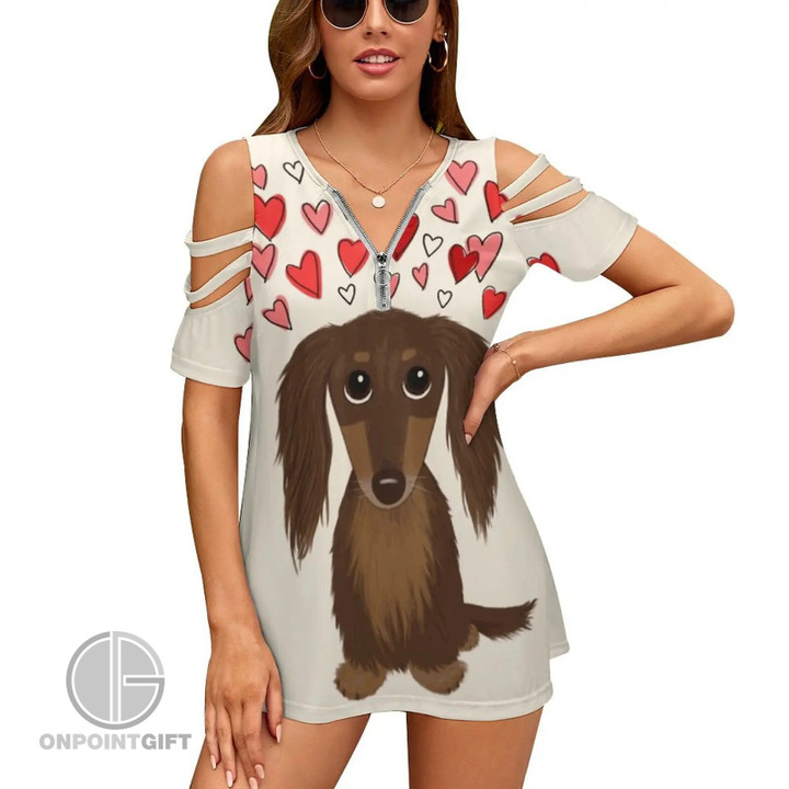 adorable-chocolate-dachshund-vneck-zipper-tshirt-summer-fashion