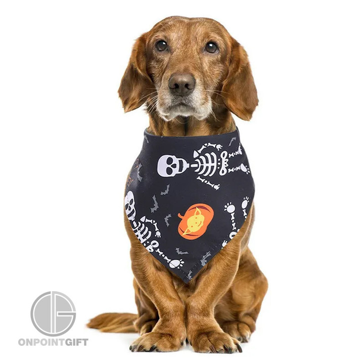 Elevate your pet's Halloween style with our Halloween Adjustable Pet Dog Bandana. This festive accessory is perfect for small, medium, and large dogs, as well as cats and puppies, adding a touch of seasonal flair to your furry friend's attire. Featuring a charming design with pumpkins and skulls, this dog scarf is both adorable and spooky, making it an ideal choice for the Halloween season. The adjustable design ensures a comfortable fit for pets of all sizes, and the easy-to-fasten snap closure simplifies the dressing process. Made with high-quality materials, our dog bandana is not only stylish but also durable, standing up to the playful antics of your pets. Let your beloved furry companion join in the Halloween festivities with this Pumpkin Skull Dog Scarf, and watch them become the star of the season. Get yours today and make your pet's Halloween extra special.