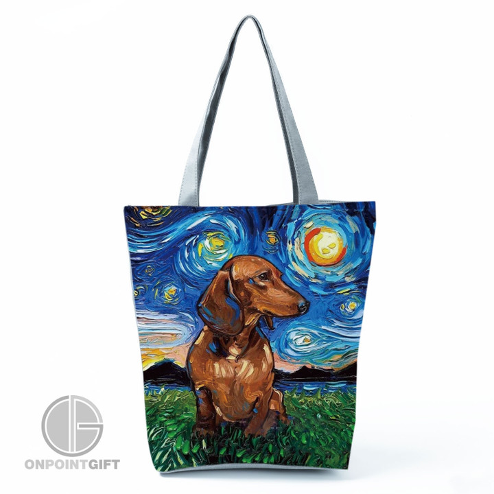 Elevate your fashion game with our Dachshund Printed Handbags – the perfect blend of style, functionality, and canine charm. These large-capacity shopping bags are designed with women in mind, offering ample space for your essentials while showcasing an adorable cartoon dog design. Crafted for both casual outings and beach adventures, these bags are not only fashion-forward but also eco-friendly as they are reusable. Choose from a range of custom patterns to make a statement that's uniquely yours. Embrace the whimsy of dachshunds and make every shopping trip an expression of your love for these delightful dogs. Shop now and carry a piece of cuteness with you wherever you go!