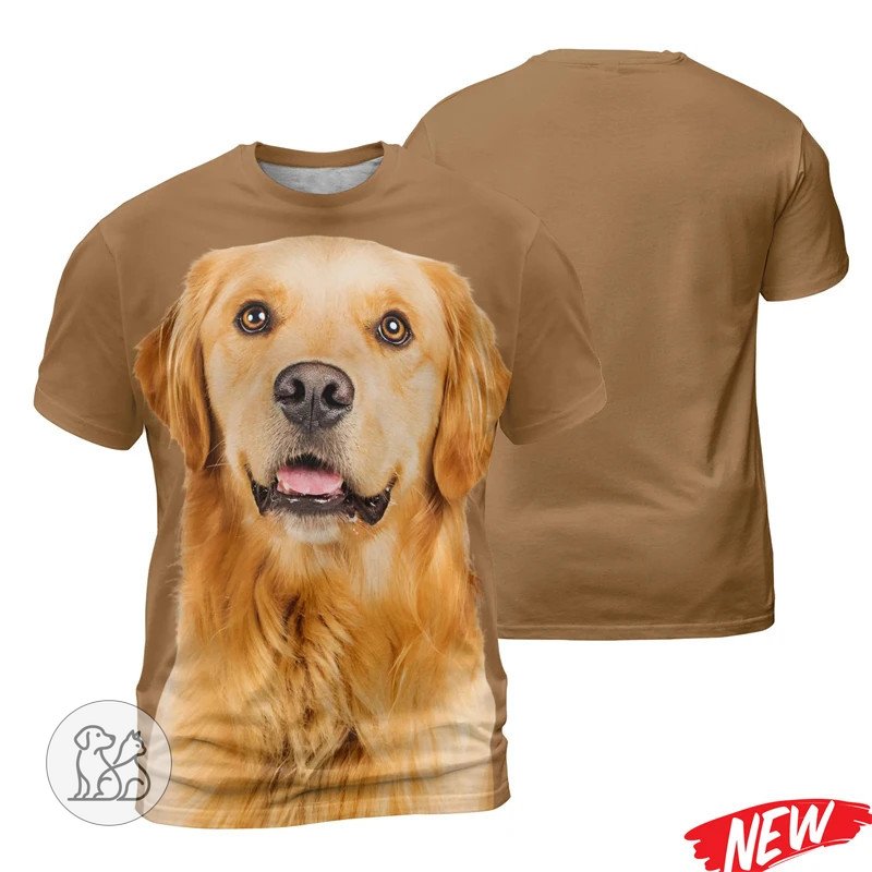 Unisex loose short sleeve t-shirts in tan, black, and grey featuring high definition 3D prints of realistic golden retriever and rottweiler puppy faces next to a detailed European size chart