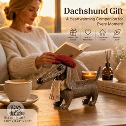 Handmade rustic wooden dachshund figurine wearing a red beret and scarf displayed on a wooden shelf next to vintage books.