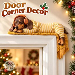 Creative wooden sleeping dachshund door corner sign dressed in pajamas and earmuffs sitting atop a white door frame.