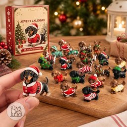 Hand holding a miniature dachshund figurine in a Santa suit next to a 24-day advent calendar box and assorted collectible dog figures.