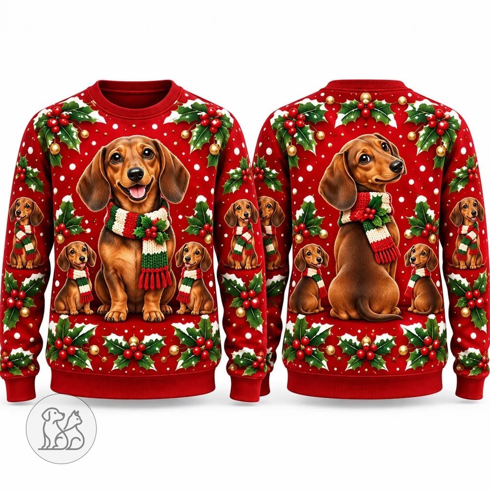 Unisex red long-sleeve crewneck ugly Christmas sweater featuring a large printed graphics of a happy dachshund dog wearing a Santa hat and holiday scarf.