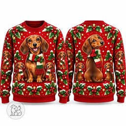 Unisex red long-sleeve crewneck ugly Christmas sweater featuring a large printed graphics of a happy dachshund dog wearing a Santa hat and holiday scarf.