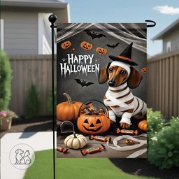 A double-sided outdoor Halloween garden flag showing an illustration of a cute dachshund dog dressed as a mummy next to an orange pumpkin candy bucket filled with sweets, set against a dark background with bats and pumpkins.