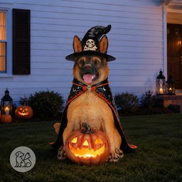A weather-resistant resin Halloween statue of a sitting German Shepherd dog wearing a black witch hat and cape, holding a glowing orange LED jack-o'-lantern pumpkin on a lawn at night.