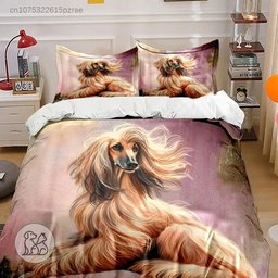 A premium 3-piece bedding set featuring a detailed artistic portrait print of a beautiful light-brown Afghan Hound dog with flowing fur displayed on a duvet cover and matching pillowcases in a cozy bedroom setting.