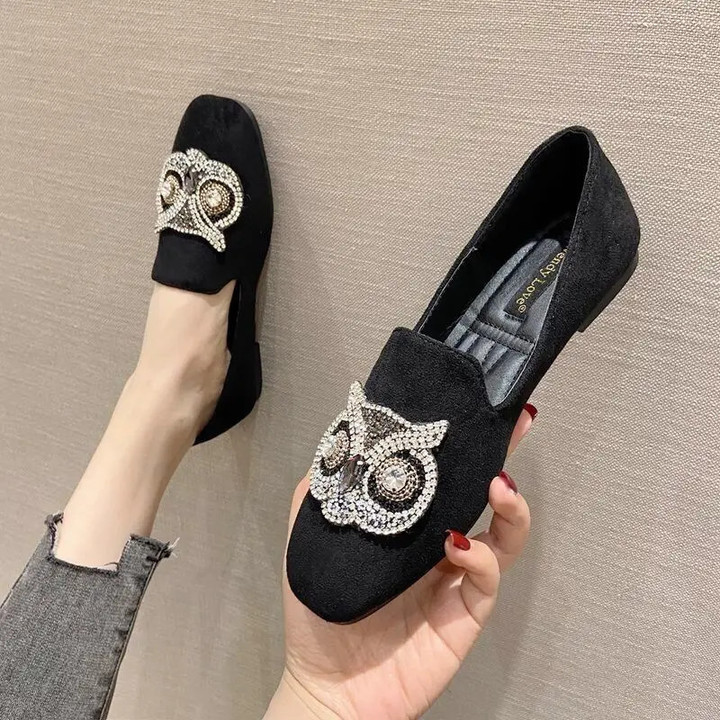 Comfortable Loafers Flat Bottom Comfortable Plus Size Casual Owl Pattern Design Black Women's Shoes