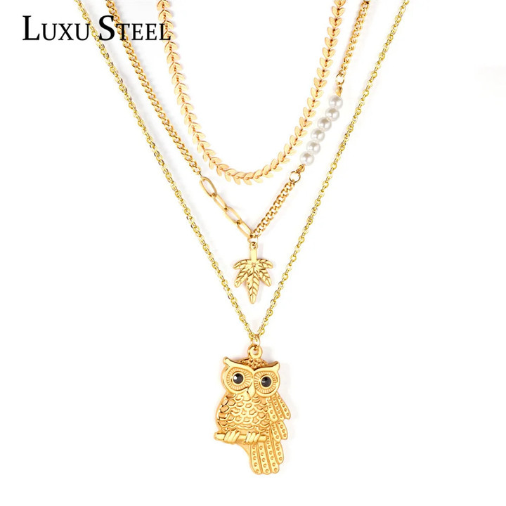 Owl Maple Imitation Pearl Pendant Necklace
