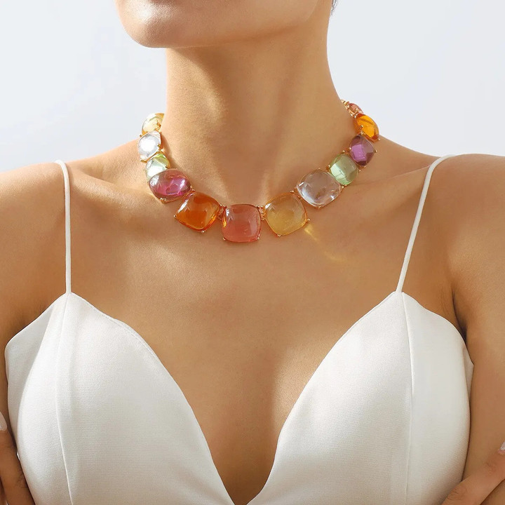Boho Y2K Colorful Jelly Transparent Geometric Rhinestone Choker Necklace for Women