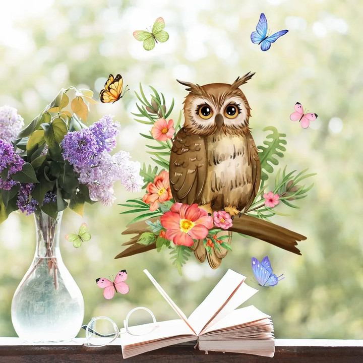 Owl Flower Branch Wall Stickers Living Room Glass Window Home