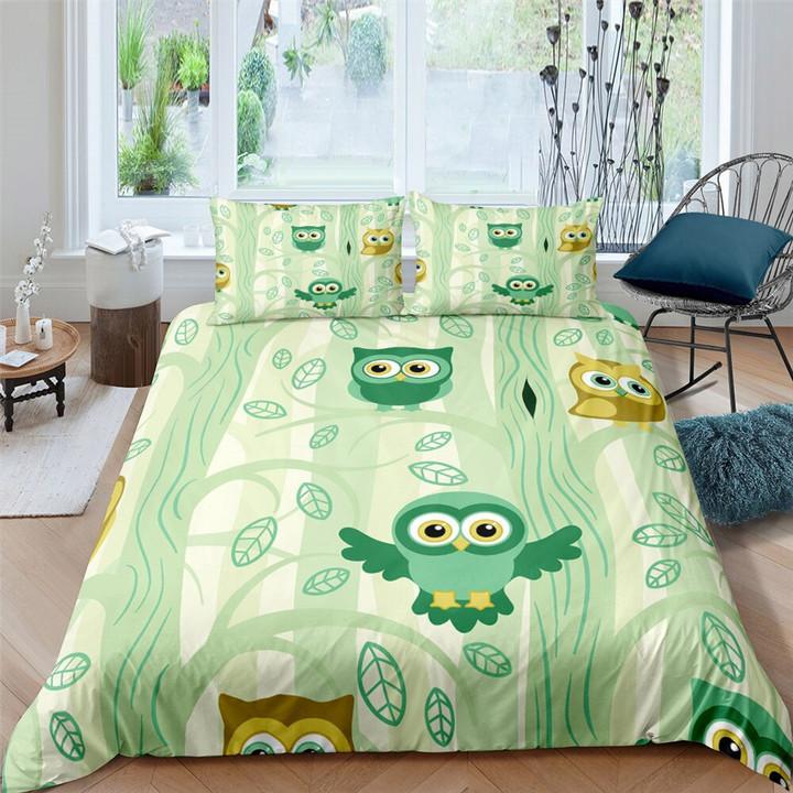 Cartoon Lovely Owl Print Bedding Set Kids Queen Duvet Cover Set Full Twin Queen King Size Comforter Cover for Kids Boys Girls