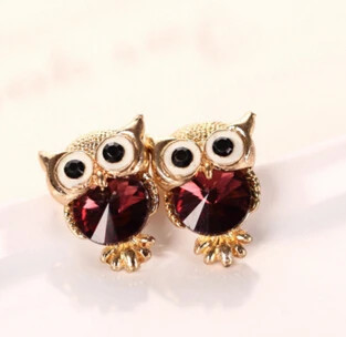 Cute Charms Gold Color Crystal Rhinestone Owl Stud Earrings For Women