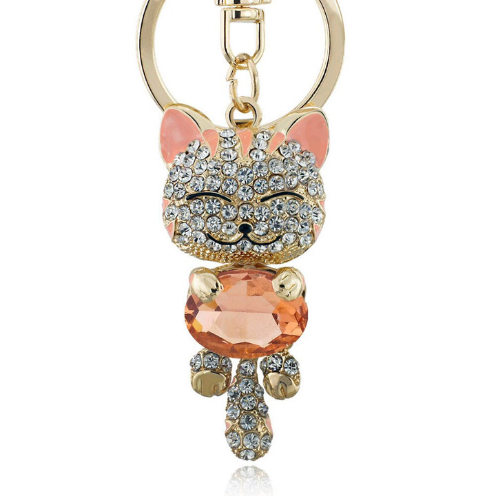 Lucky Smile Cat Crystal Rhinestone Keyrings Key Chains Holder