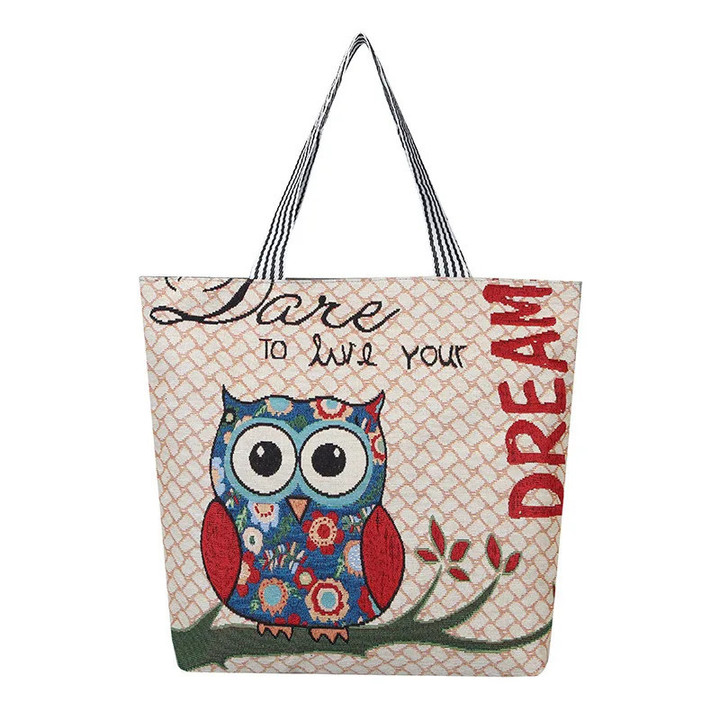 Women Canvas OWL Tote Bag Cute Cartoon Illustration Shopping Bag Girl