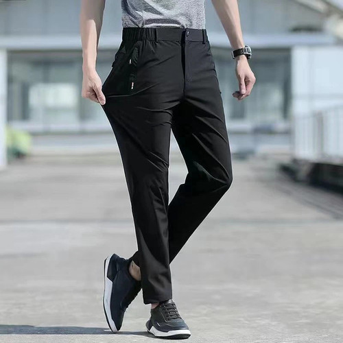 Large Size Men's Summer Pants Big Size Ice Silk Stretch Breathable Straight Leg Pants 6XL Quick Dry Elastic Band Black Trousers