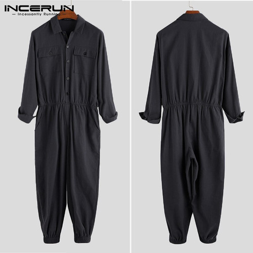 INCERUN Fashion Men Cargo Overalls Jumpsuit Punk Style Pockets 2023 Baggy Solid Color Long Sleeve Pants Men Rompers Streetwear