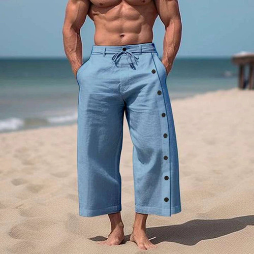 Men Casual Solid Color Cotton Linen Multi-Button Beach Pant Fashion Mid-Waist Loose Trouser Men Drawstring Pocket Wide-Leg Pants
