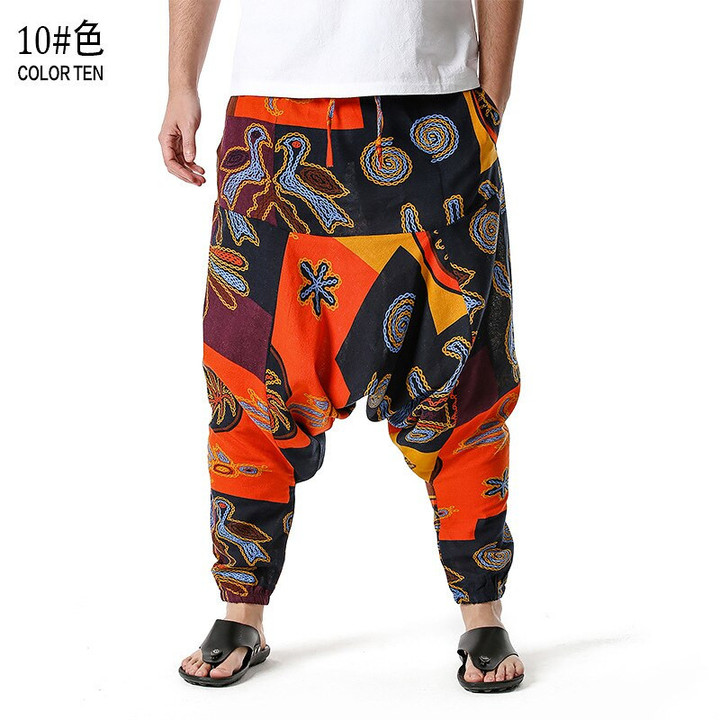 Men's African Print Harem Baggy Genie Boho Pants Casual Cotton Yoga Drop Crotch Joggers Sweatpants Hip Hop Traditional Trousers