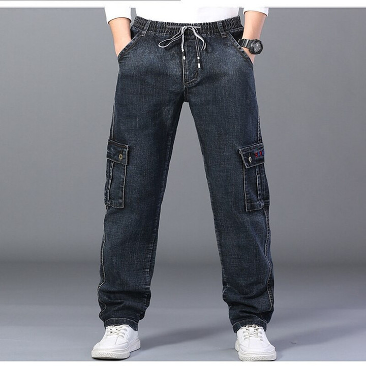 Plus Size Men's Casual Stretch Jeans 10XL 9XL 8XL 7XL Fashion Multi Pocket Loose High Waist Straight Long Jeans