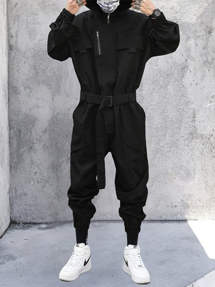 11 BYBB'S DARK Function Multi Pockets Hooded Cargo Jumpsuit Men Harajuku Hip Hop Creativity Sashes Pant Men Trousers Streetwear
