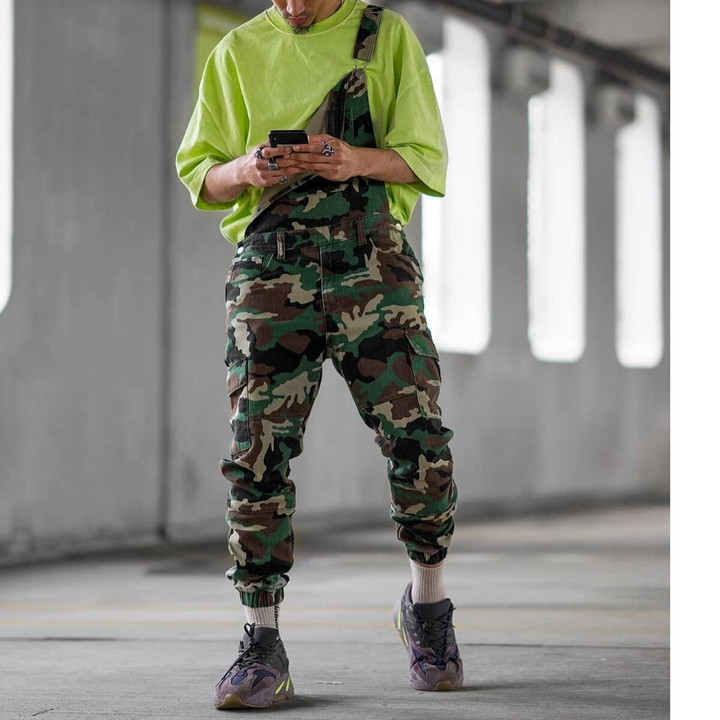 Fashion Camouflage Strap Long Pants Overalls Cross Button Men's Casual Pants Jeans One Piece Jumpsuit Denim Outfits Plus Size