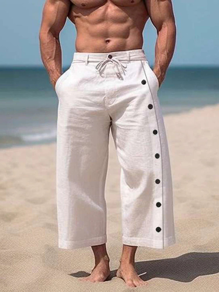 Men Casual Solid Color Cotton Linen Multi-Button Beach Pant Fashion Mid-Waist Loose Trouser Men Drawstring Pocket Wide-Leg Pants