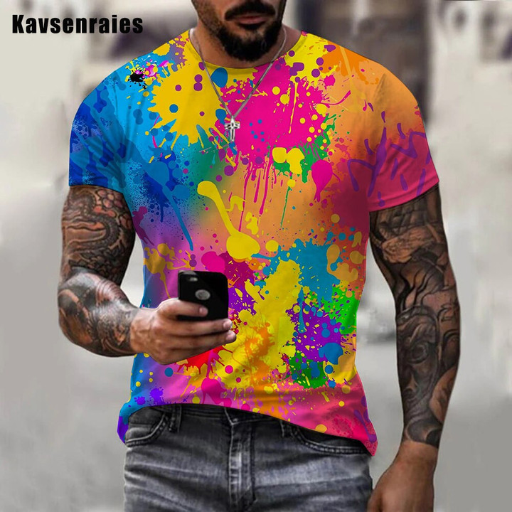 New Rainbow Paint Splatter Print T-shirt Men Women Summer Hipster Colorful Ink 3D T Shirt Unisex Street Harajuku Oversized Tops