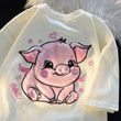 Cotton Cute Love Pink Piglet Flocked Short Sleeve T-shirt Women's Summer Ins Three-dimensional Embroidered Couple Top