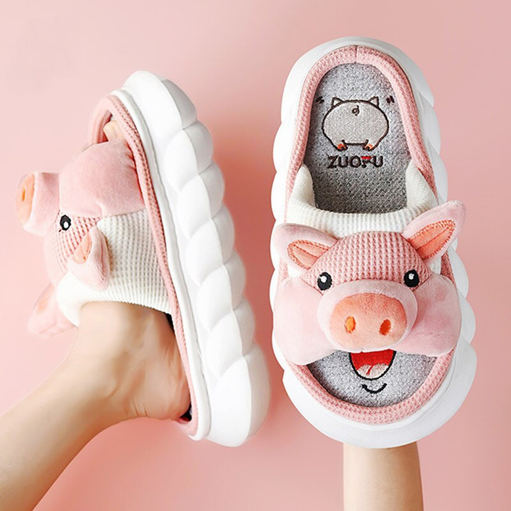 Cute Pig Linen Platform Slippers Shoes