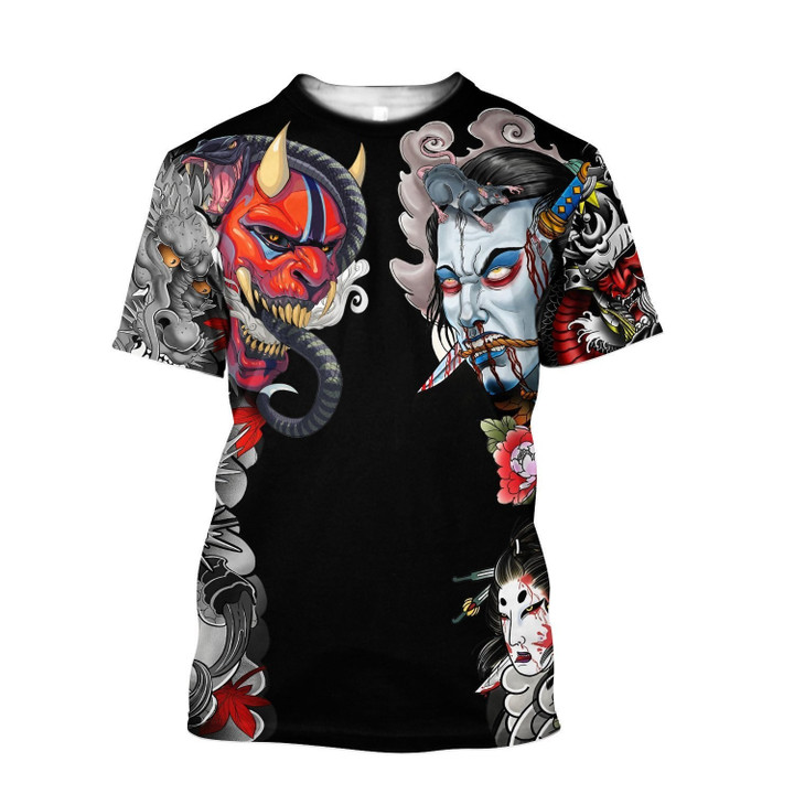 Samurai Oni Mask Tattoo 3D All Over Printed Men t shirt Summer Harajuku Casual short Sleeve Tee shirts Unisex tops TX-18