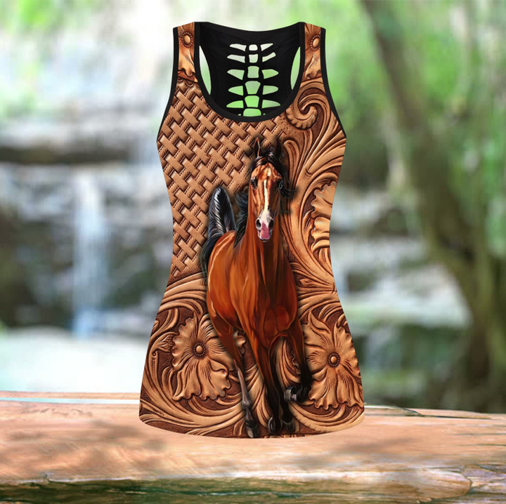 Beautiful Love Horse Art 3D Printed Hollow Tank Top & Leggings Set Fitness Female Full Length Leggings Running Pants DDK71