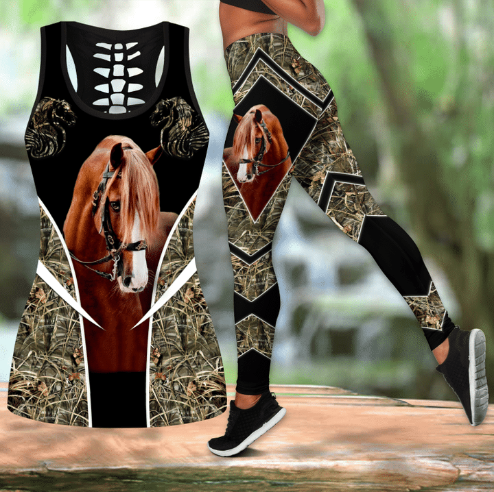 Beautiful Quarter Horse 3D Printed Hollow Tank Top & Leggings Set Fitness Female Full Length Leggings Running Pants DDK66