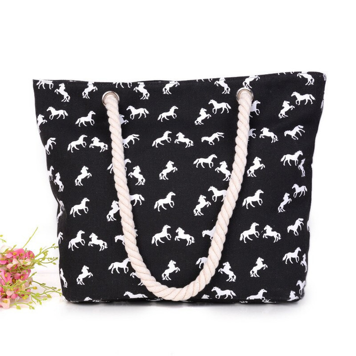 Rdywbu HORSE PRINTED STRING CANVAS- New Women's Casual Large Animal Personality Rope Bag Travel Shopping Shoulder Bag B640051