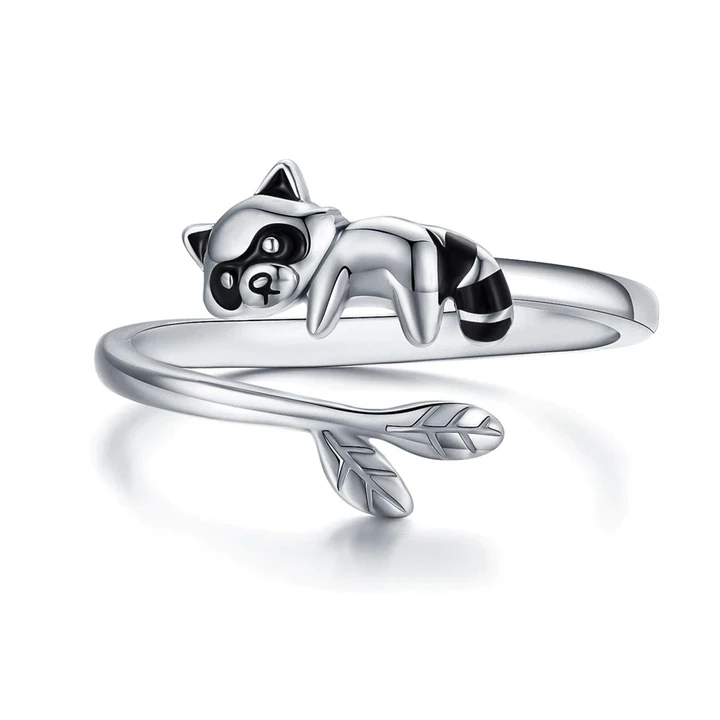 Harong New Raccoon Open Ring Trendy Cute Silver Plated Smooth Animal Jewelry for Kids Adult Christmas Present