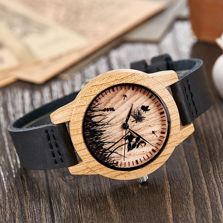 Imitation Bamboo Watch Unisex Genuine Leather Wooden Horse Quartz Wristwatch Minimalist Men Women Male Female Couple Wood Clock