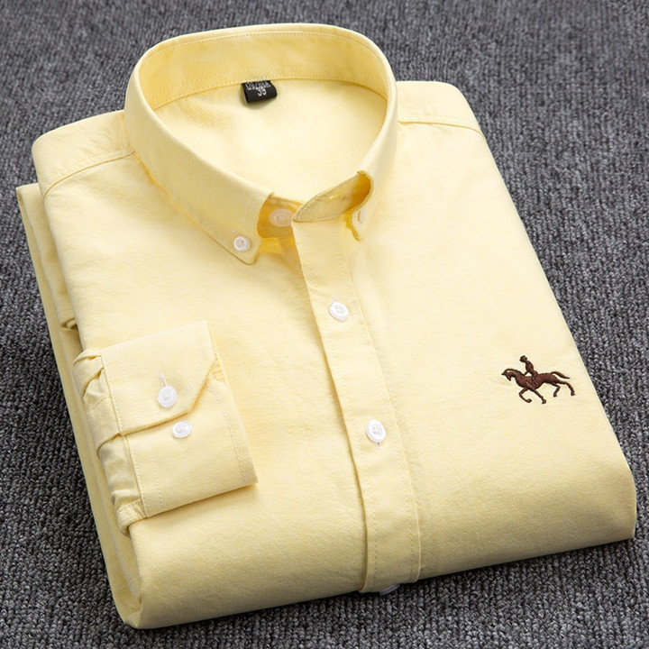 100% Cotton Oxford Shirt Men's Long Sleeve Embroidered Horse Casual Without Pocket Solid Yellow Dress Shirt Men Plus Size 5XL6XL