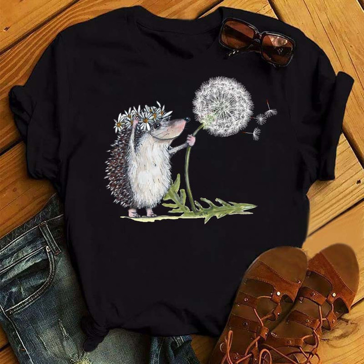 New Female Hedgehog Dandelion Print T-Shirt Summer Casual Kawaii Short Sleeves
