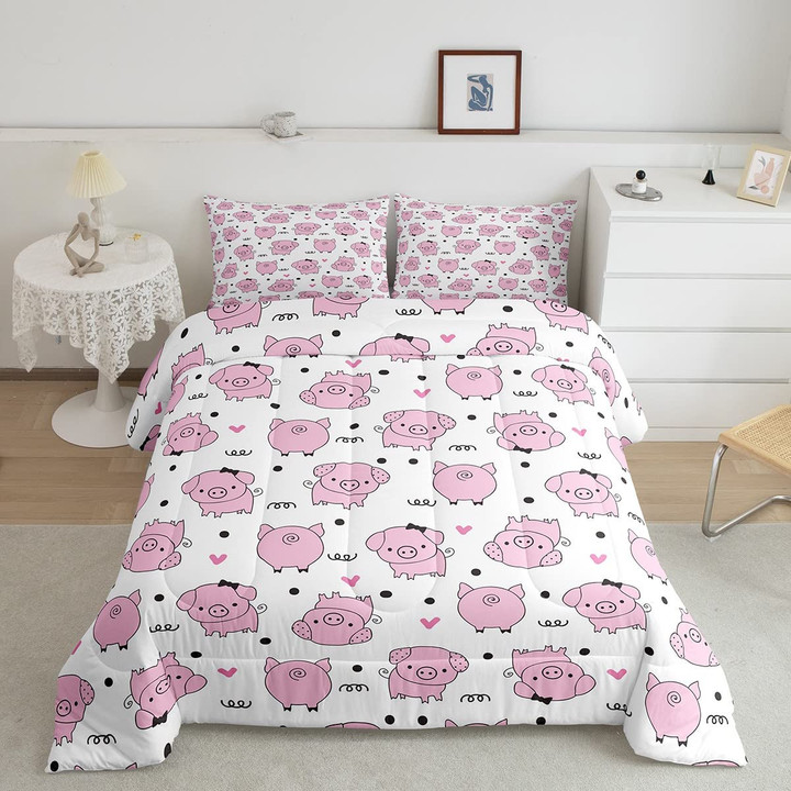 Pink Pig Comforter Cover Cartoon Pig Pattern Bedding Kawaii Animal Sweetheart Floral Print Duvet Cover Children Boys Room Decor