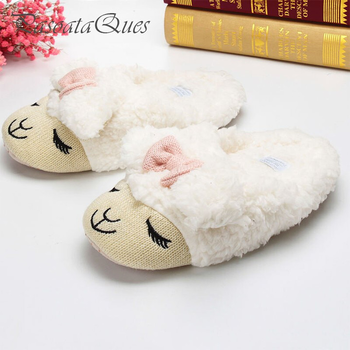 Cute Sheep Animal Cartoon Women Winter Home Slippers For Indoor Bedroom House Warm Cotton Shoes Adult Plush Flats Christmas Gift