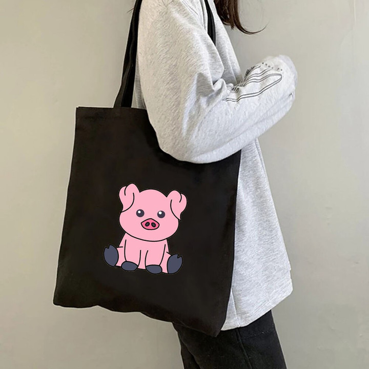 Kawaii Lovely Pink Pig Cute Animal Love Heart Women's Shopping Canvas Shoulder Bag Storage Handbag Foldable Grocery Cotton Totes