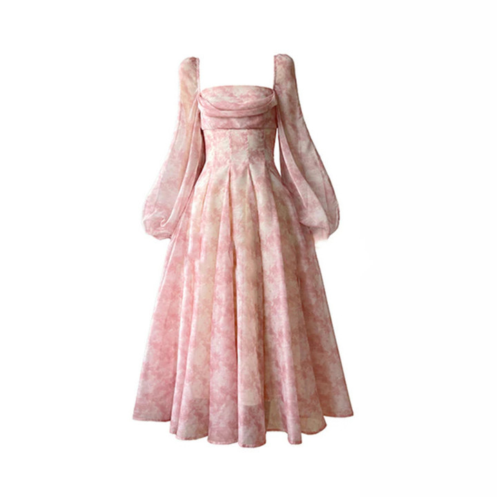 Pink Print Summer Dress for Women Long Lantern Sleeve Square Collar Chiffon Elegant Midi Dresses Wedding Party Birthday Dress
