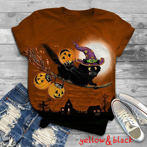 2022 Halloween Short Sleeve Pumpkin Cat Print t-shirt