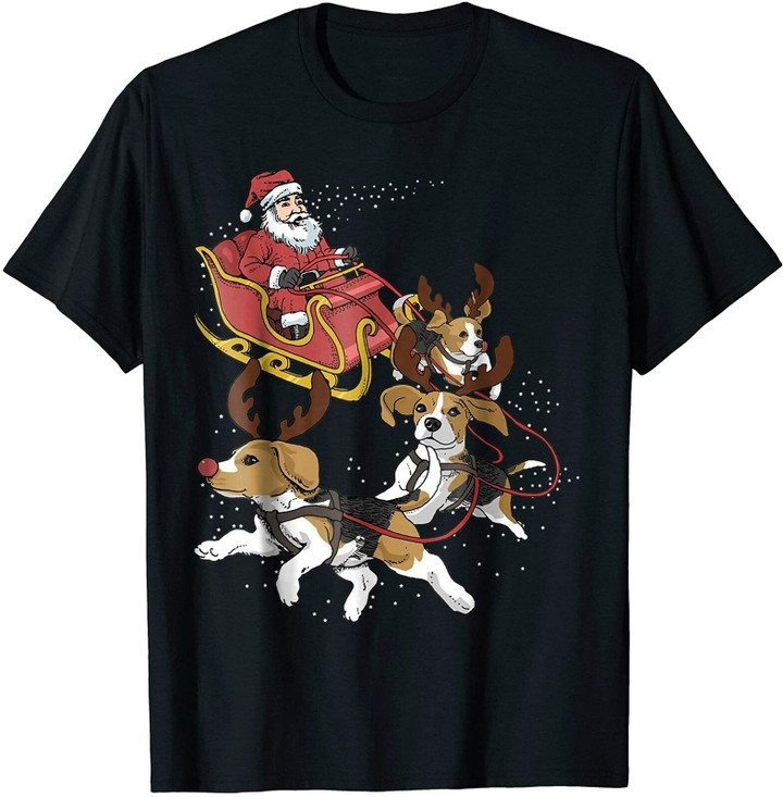 Funny Reindeer Beagle Dog Pull Santa's Sleigh Christmas Gift T Shirt New 100% Cotton Short Sleeve O-Neck T-shirt