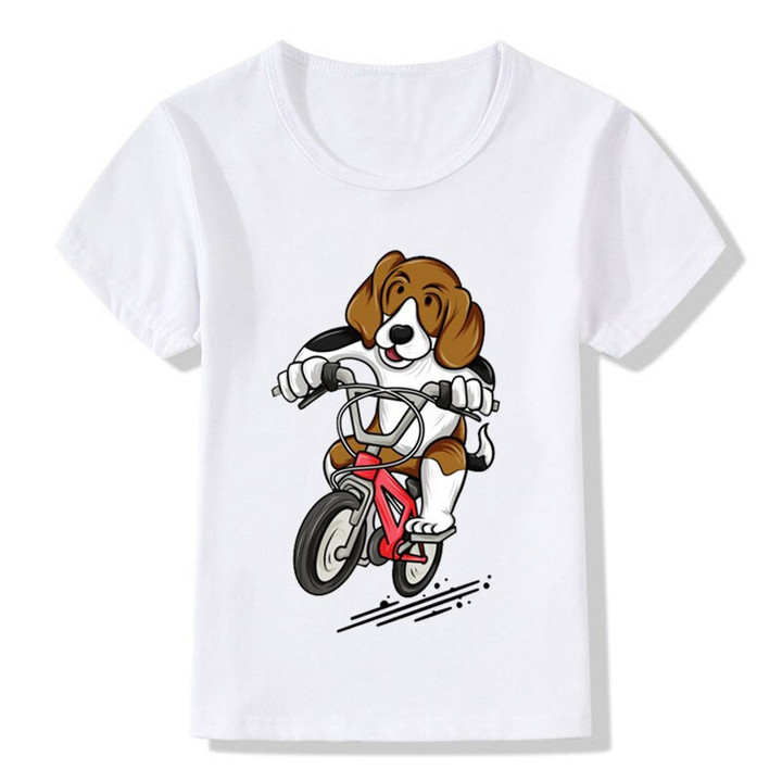 Beagle Rider Print Children T-Shirts Summer Boys and Girls Clothes Cute Dog Corgi Kids Tops Baby