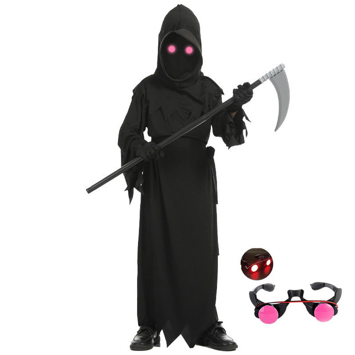Halloween Children's Horror Red Eye Reaper Costume Scythe Devil Dark Messenger Ghost Cosplay Set